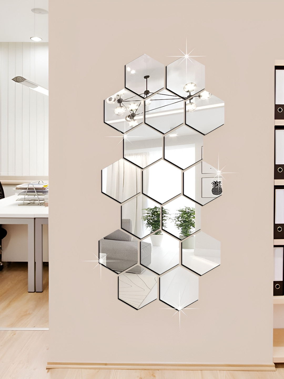 WALLWEAR Silver Toned 17 Pieces Hexagon Shaped Acrylic Wall Stickers