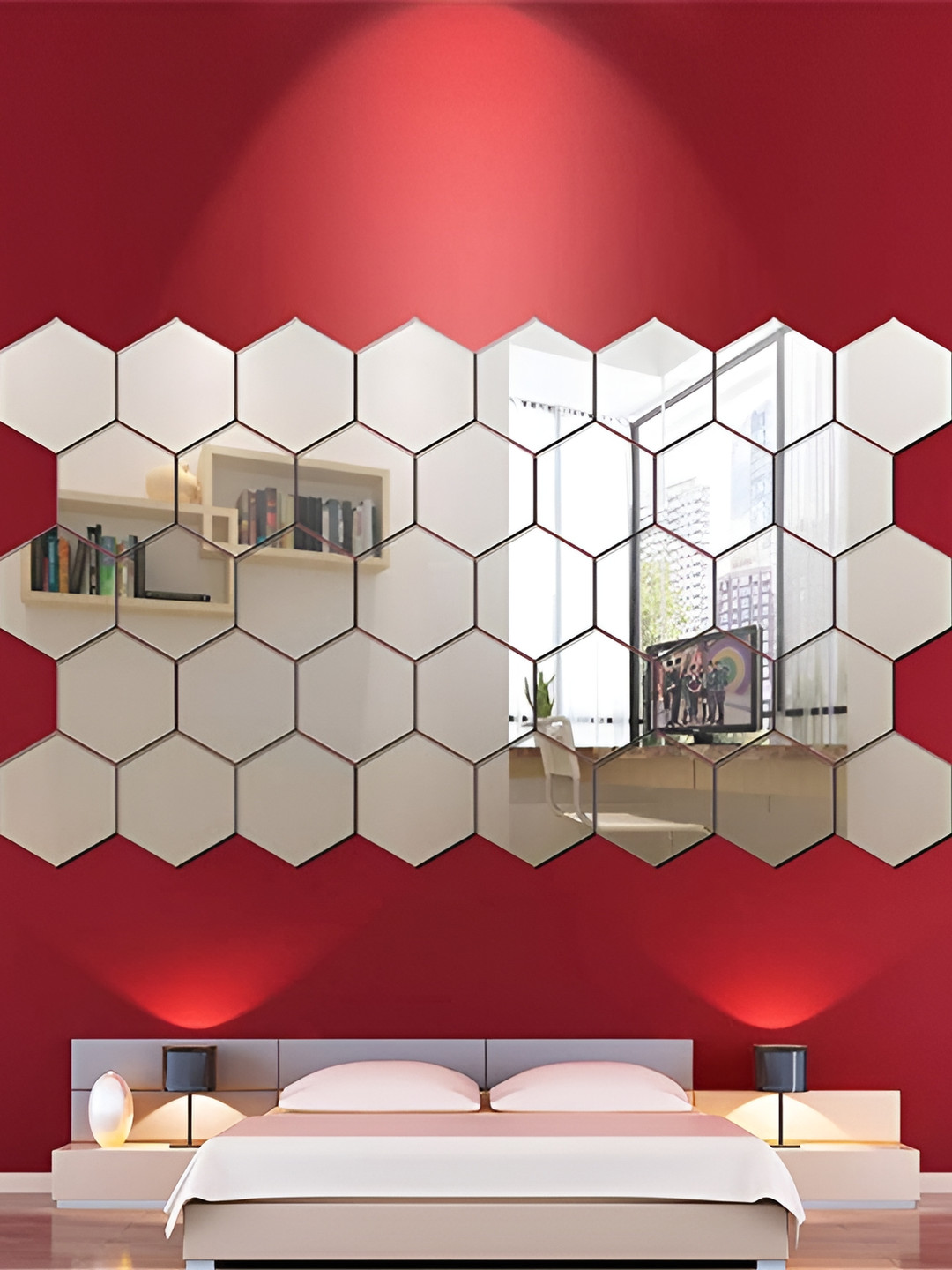 WALLWEAR Silver Toned 38 Pcs Hexagon Self Adhesive Acrylic Wall Stickers