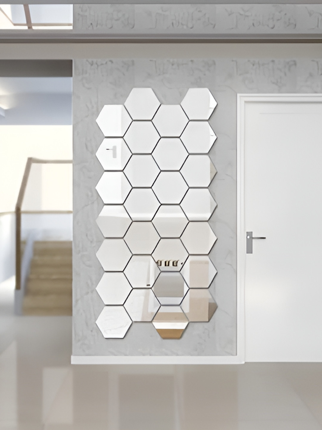 WALLWEAR Silver-Toned 28Pcs Hexagon Self Adhesive Acrylic Wall Stickers