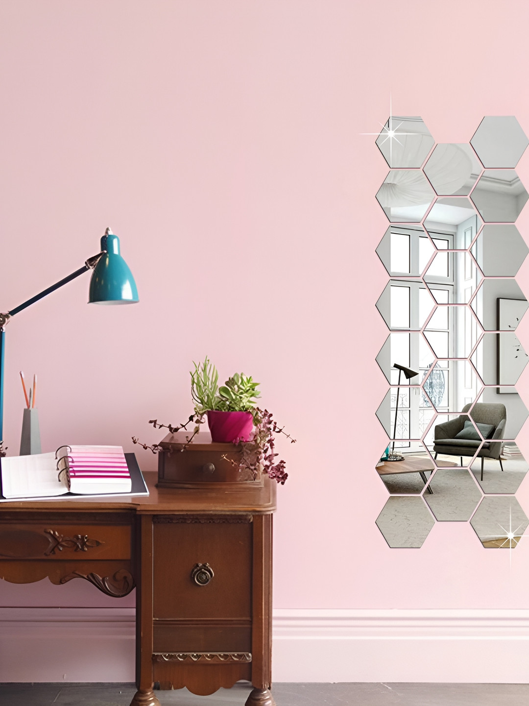 WALLWEAR Silver Toned 23 Pcs Hexagon Self Adhesive Acrylic Wall Stickers