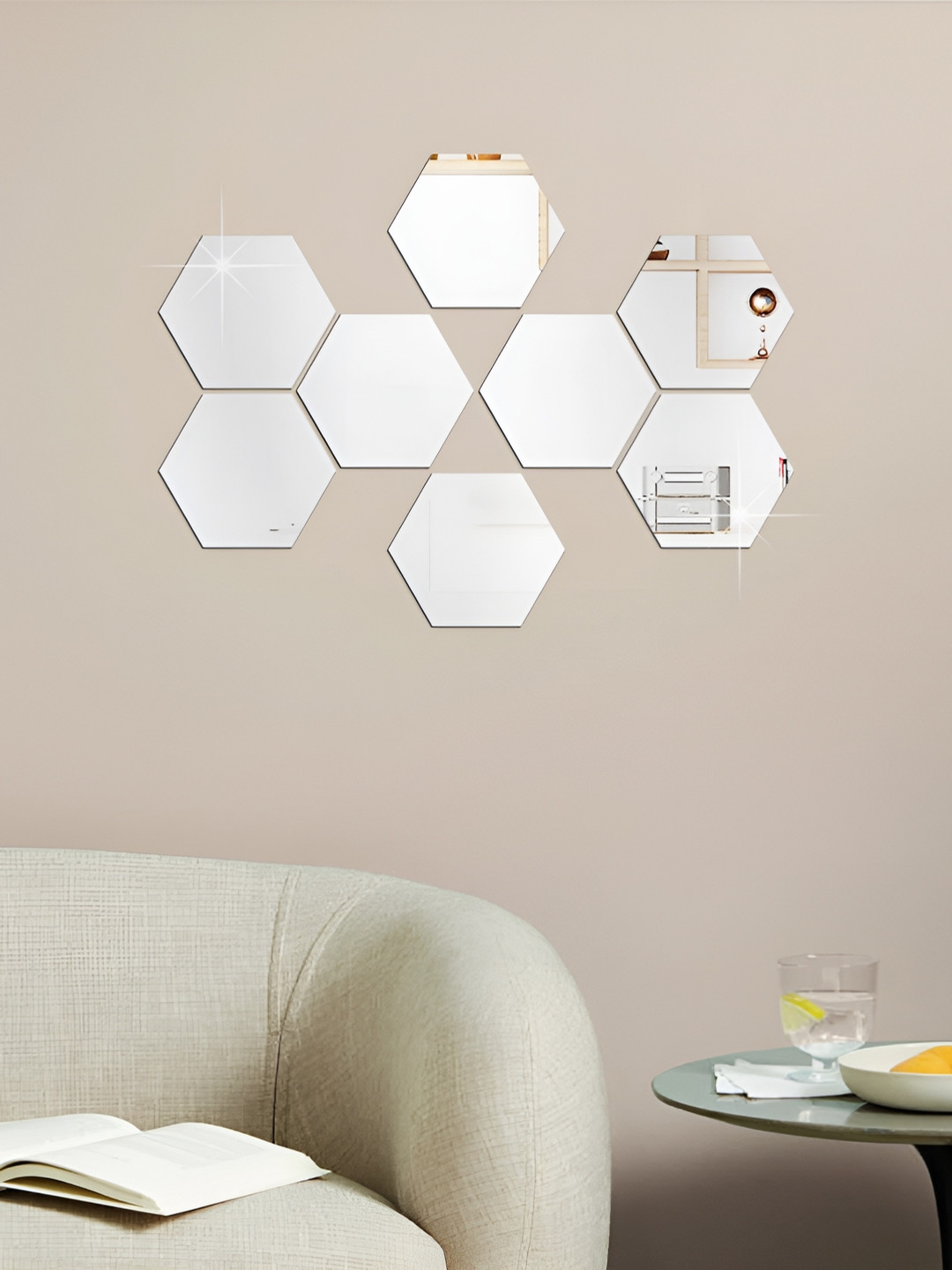 WALLWEAR Silver Toned 8-Pcs Self-Adhesive Hexagon Shaped Stickers