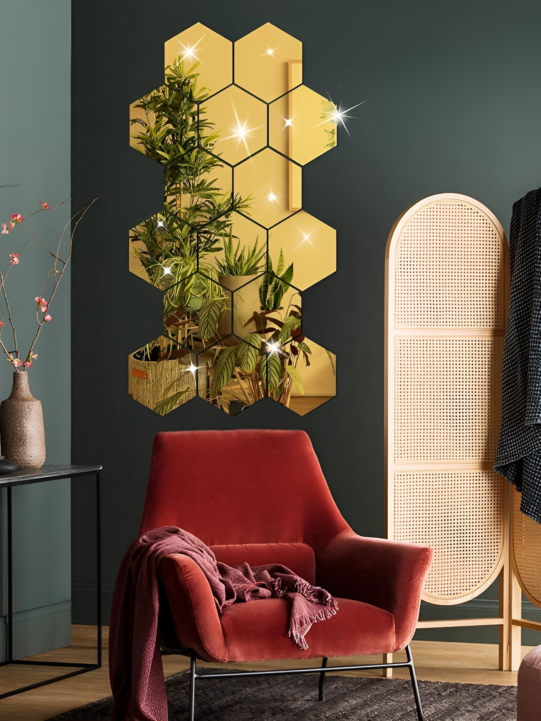 WALLWEAR Gold Toned 15-Pcs Beige Hexagon Shape Self-Adhesive Mirror Wall Stickers