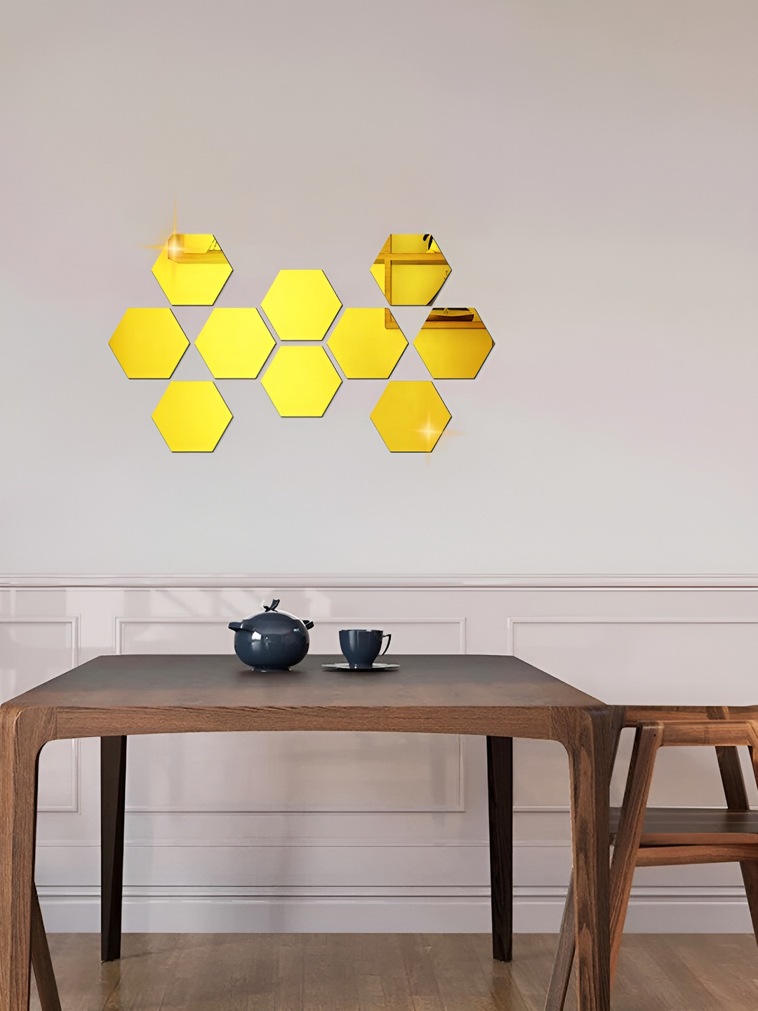 WALLWEAR Gold Toned 10 Pieces Hexagon Shaped Acrylic Wall Stickers
