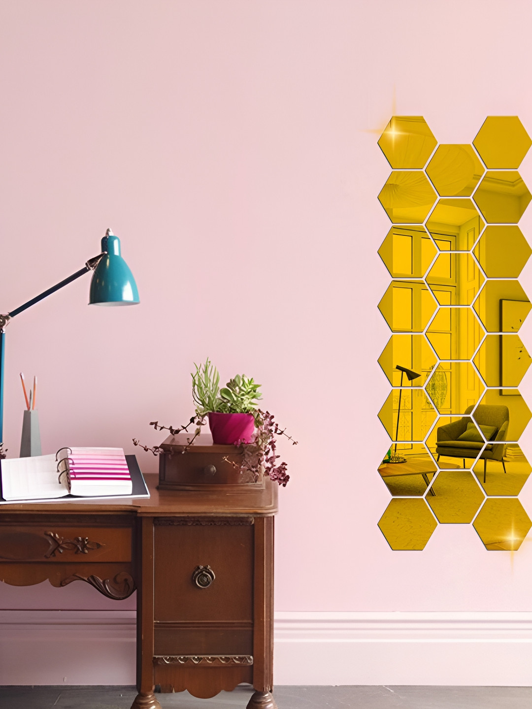 WALLWEAR Gold Toned 23-Pcs Self-Adhesive Hexagon Shaped Wall Stickers