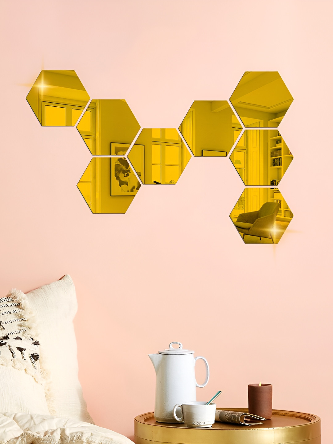 WALLWEAR Gold-Toned 8-Pcs Self-Adhesive Hexagon Shaped Wall Stickers