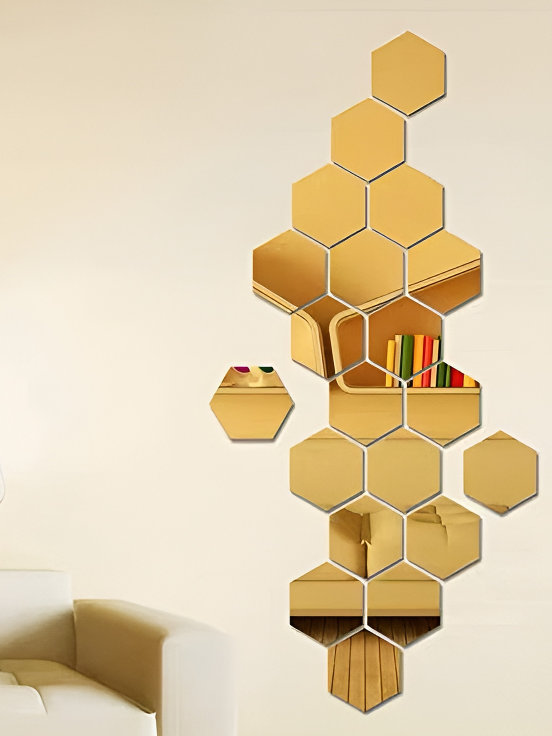 WALLWEAR Gold Toned 20 Pieces Hexagon Shaped Self Adhesive Acrylic Wall Stickers