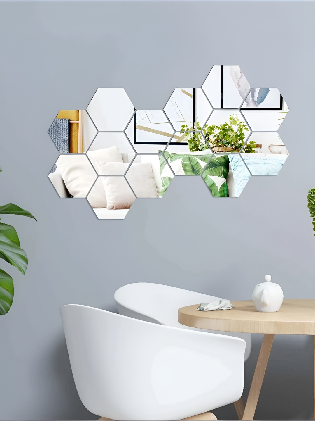 WALLWEAR Grey 14-Pcs Self-Adhesive Hexagon Shaped Wall Stickers