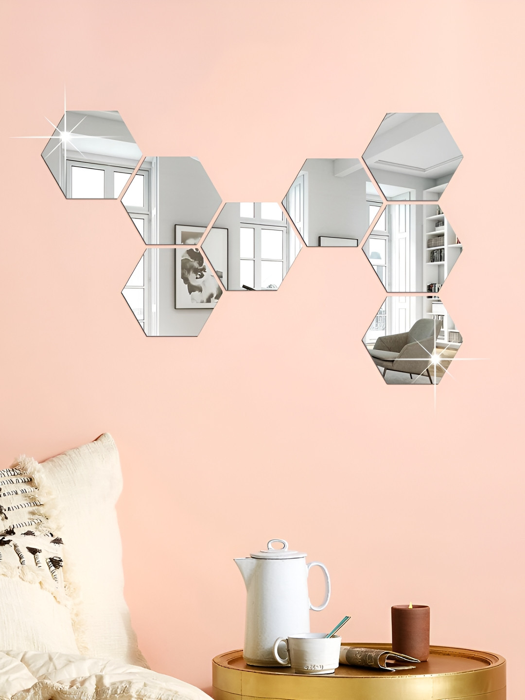 WALLWEAR Silver Toned 8 Pcs Self-Adhesive Hexagon Shaped Acrylic Wall Stickers