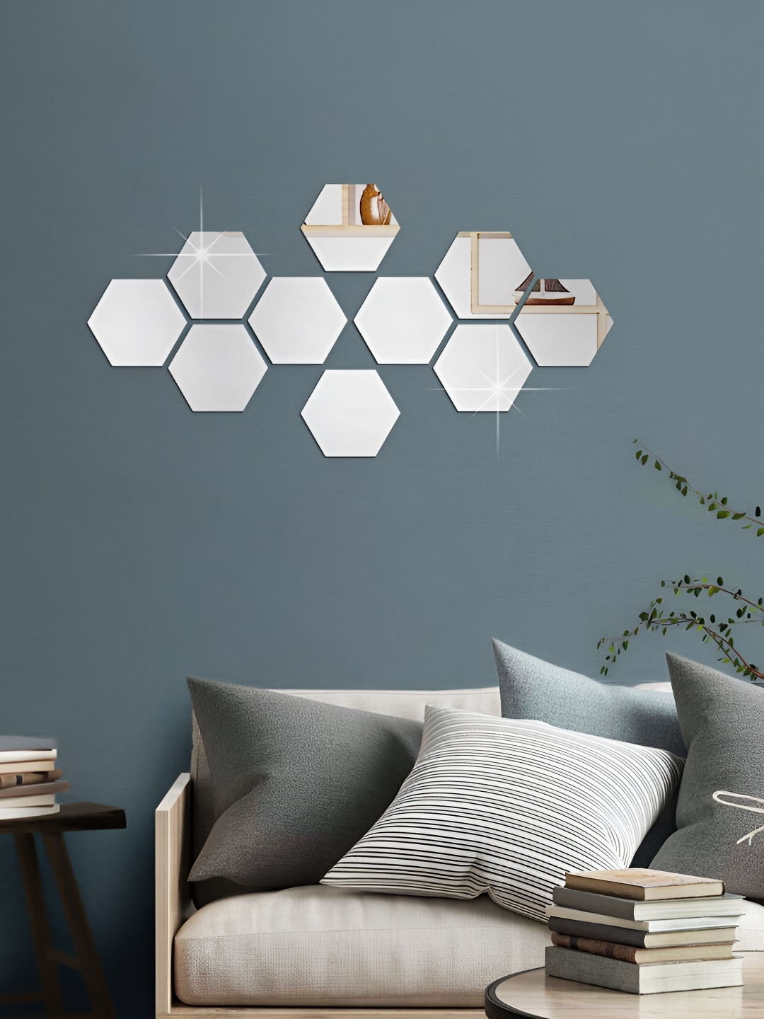 WALLWEAR Grey 10-Pcs Self-Adhesive Hexagon Shaped Wall Stickers