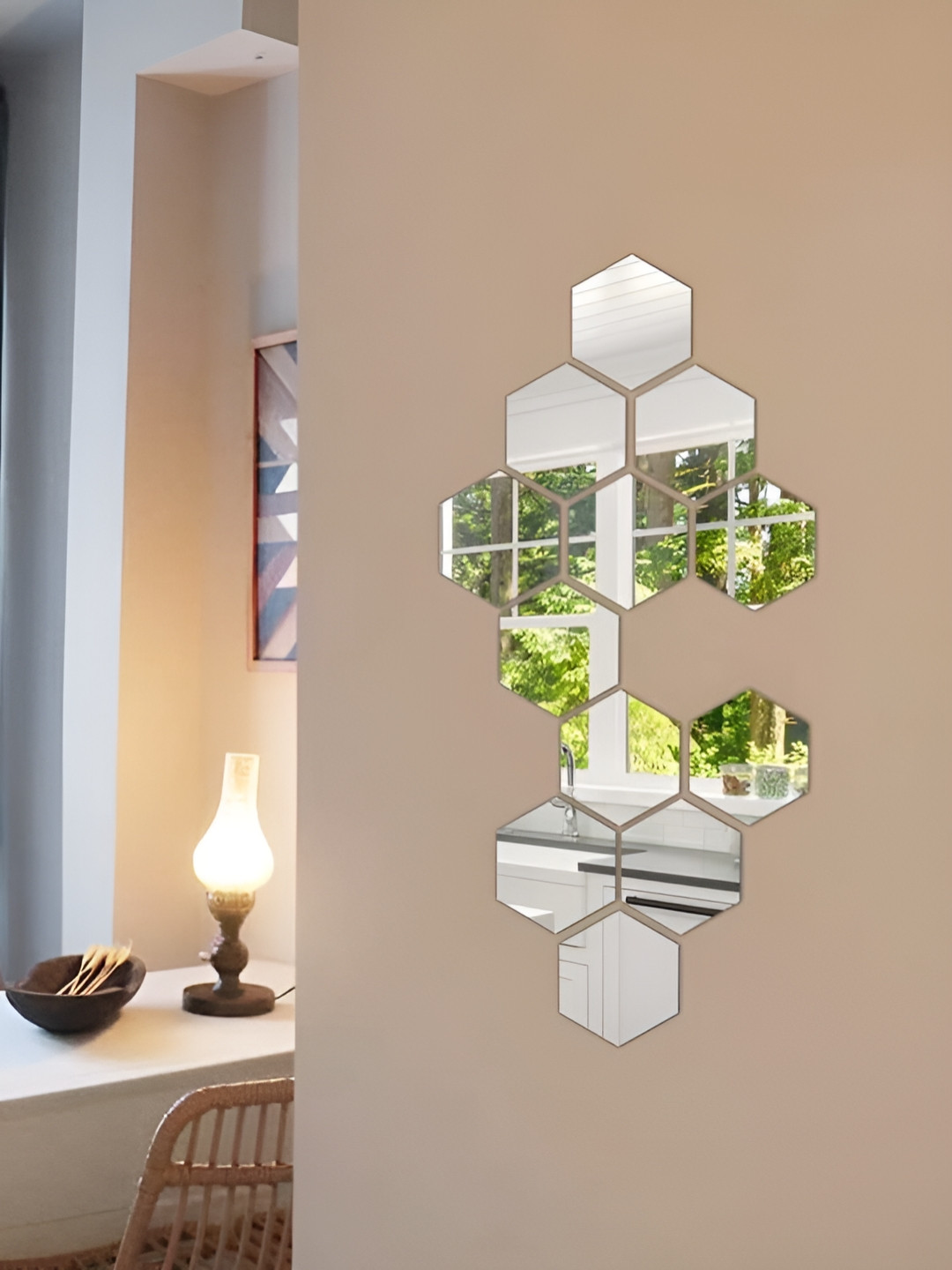 WALLWEAR Silver Toned 12-Pcs Grey Hexagon Shape Self-Adhesive Mirror Wall Stickers