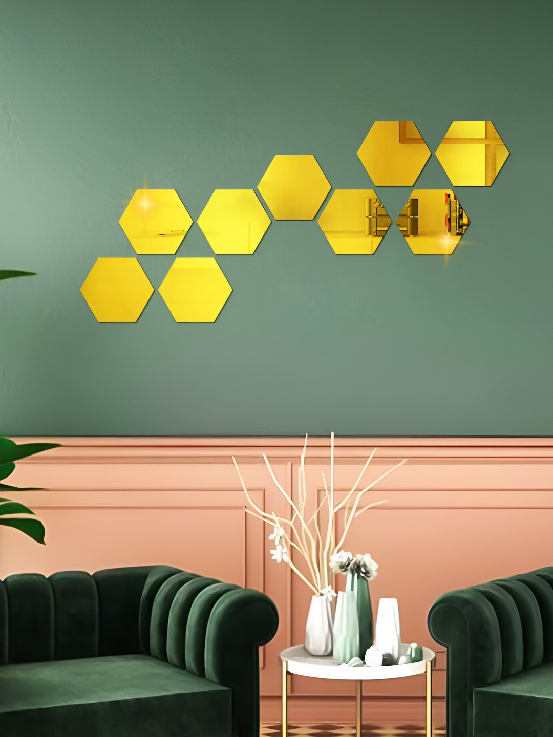 WALLWEAR Gold Toned 9 Pieces Hexagon Shape Self-Adhesive Mirror Wall Stickers