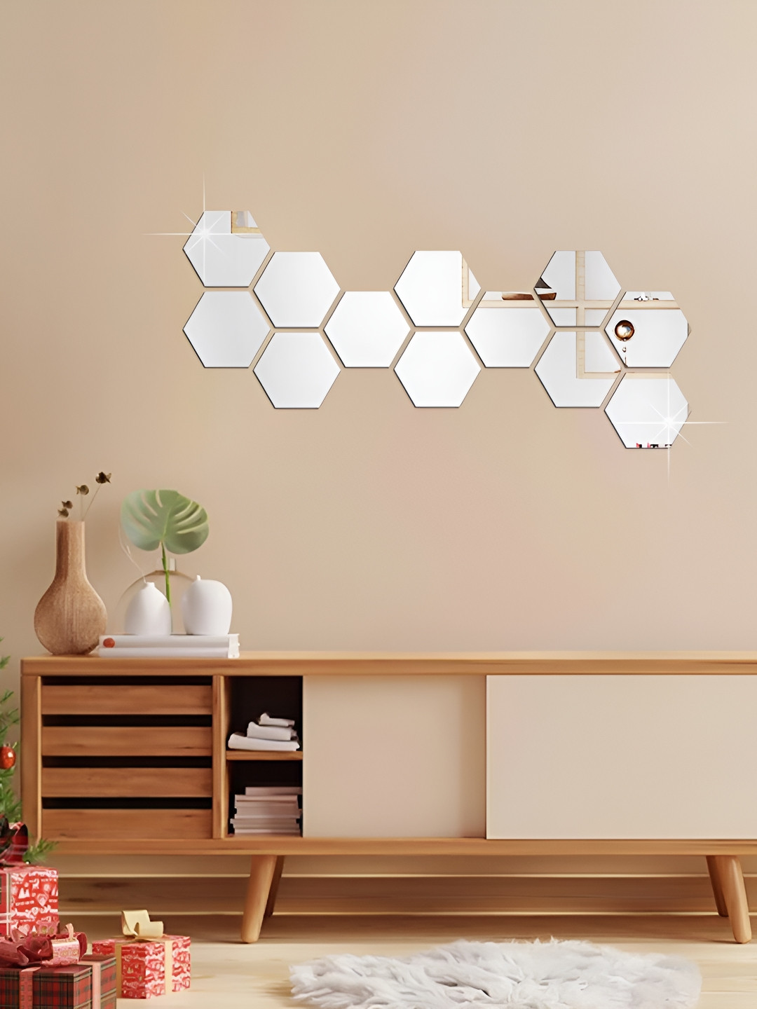 WALLWEAR Silver Toned 12-Pcs Self-Adhesive Hexagon Shaped Wall Stickers