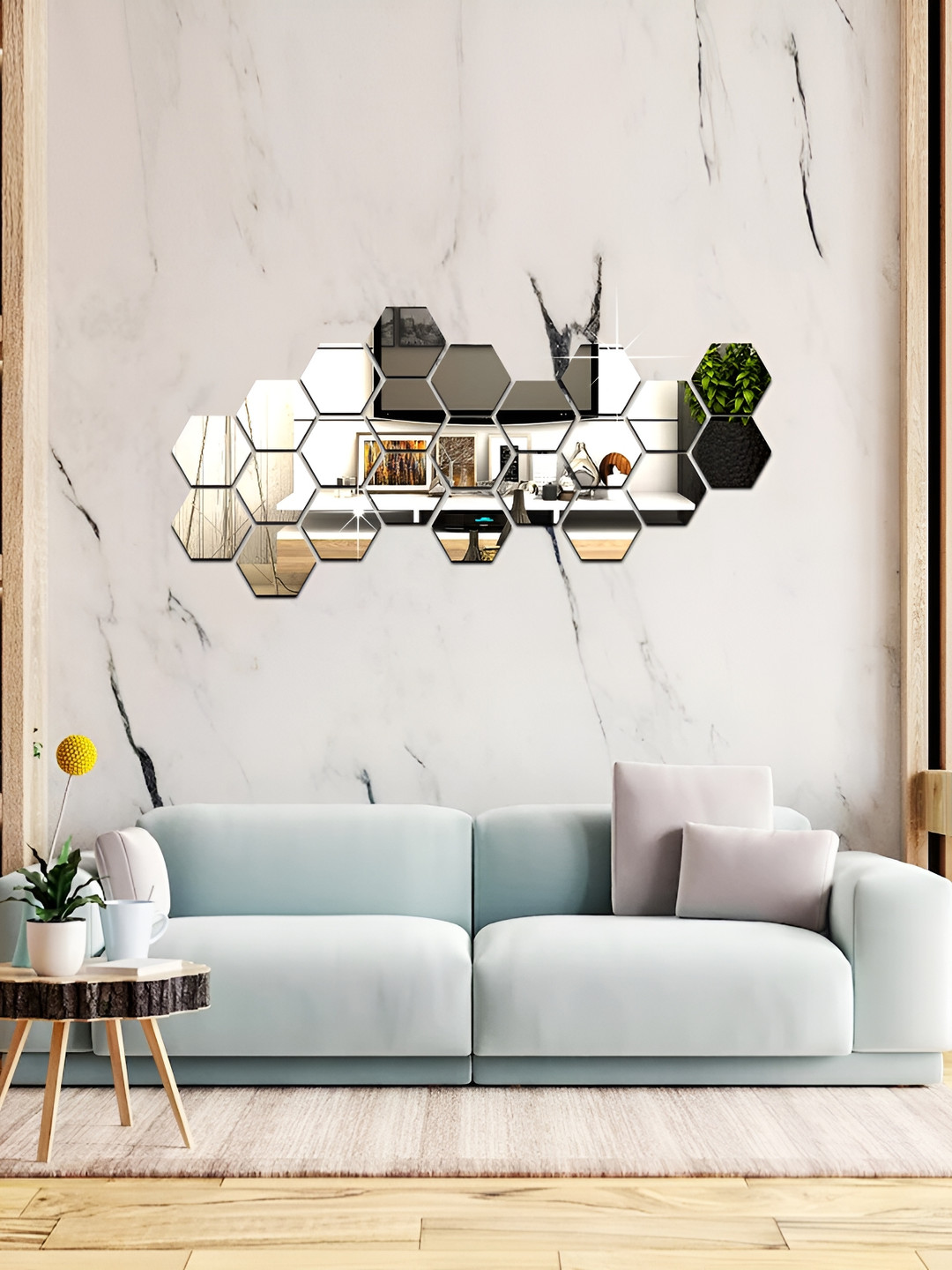 WALLWEAR Silver Toned 23 Pieces Hexagon Shaped Self Adhesive Acrylic Wall Stickers