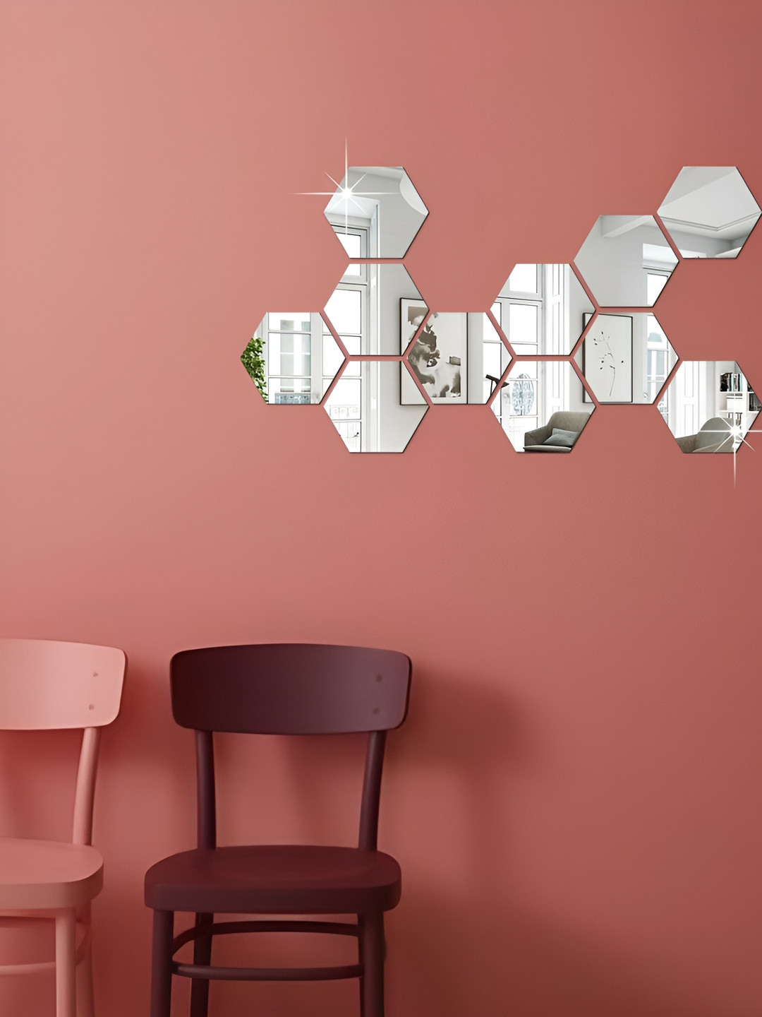 WALLWEAR Silver Toned 11 Pieces Hexagon Shaped Acrylic Wall Stickers