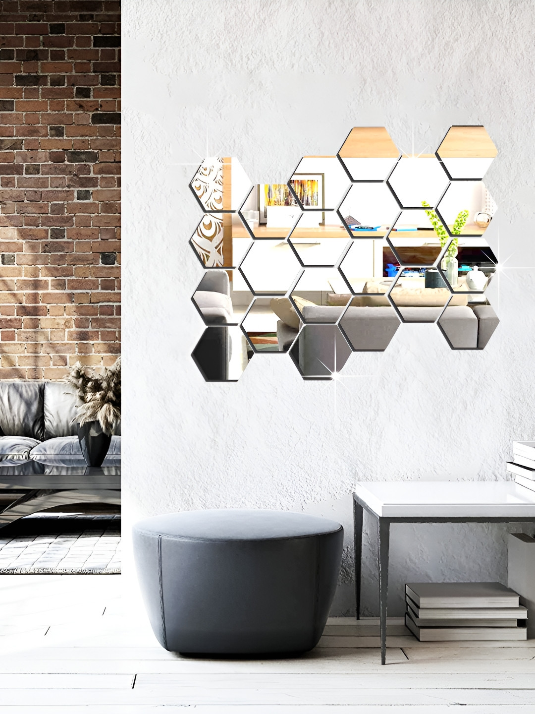 WALLWEAR Silver Toned 22-Pcs Self-Adhesive Hexagon Shaped Wall Stickers