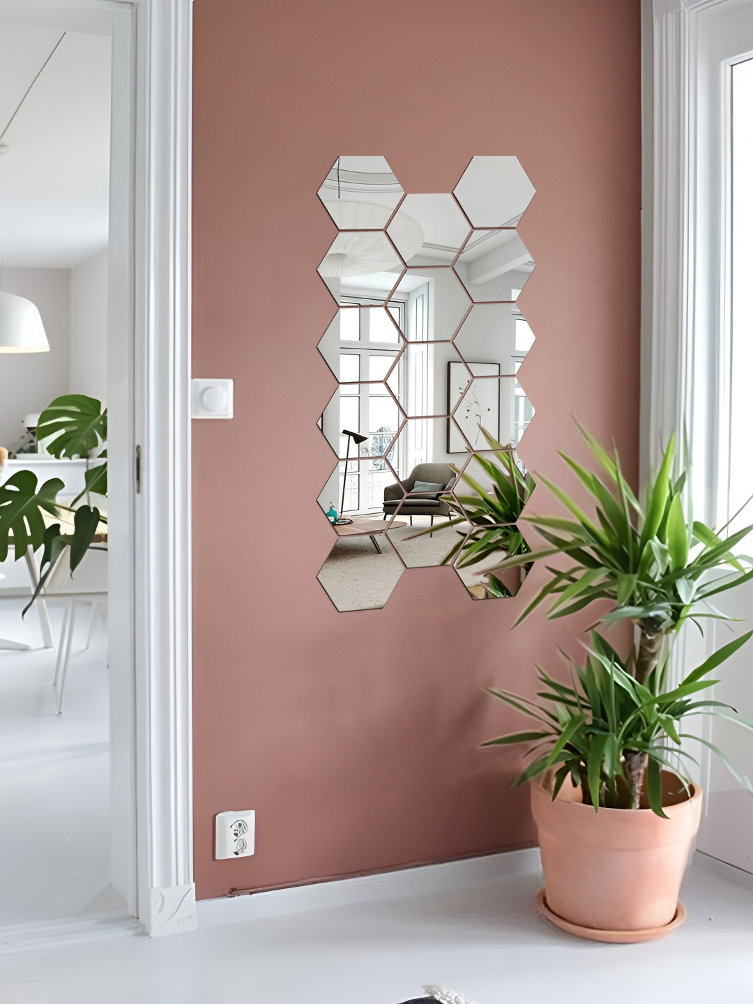 WALLWEAR Silver Toned 17 Pcs Self-Adhesive Hexagon Shaped Acrylic Wall Stickers