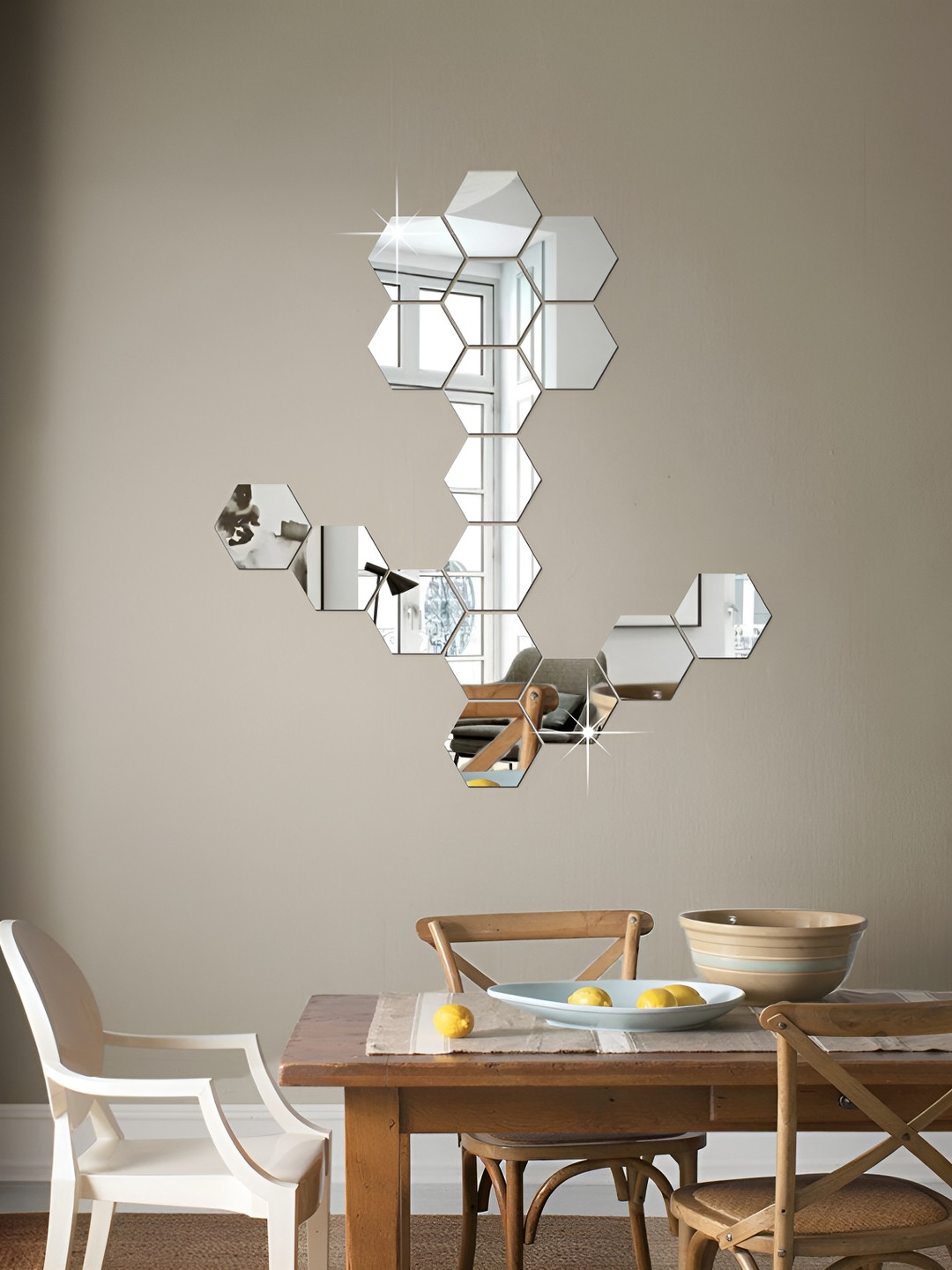 WALLWEAR Silver Toned 17 Pieces Hexagon Shaped Self Adhesive Acrylic Wall Stickers