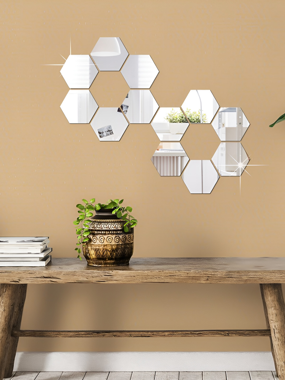 WALLWEAR Grey 12 Pieces Hexagon Shape Self-Adhesive Mirror Wall Decals and Stickers