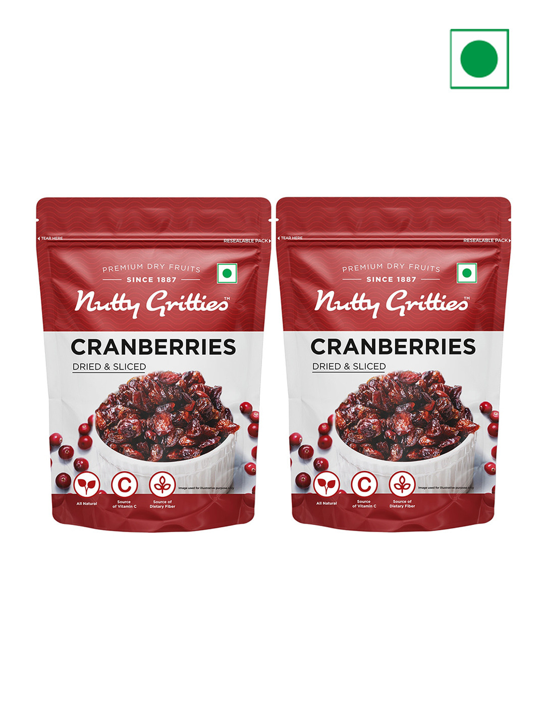 Nutty Gritties Pack of 2 Whole Healthy Snackable Dried & Sliced Cranberries 400g