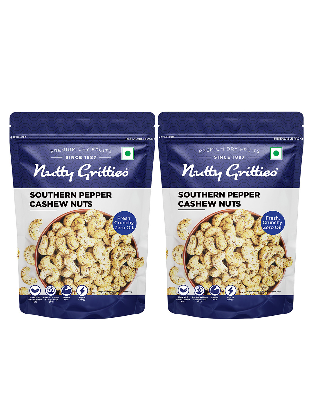 Nutty Gritties Set Of 2 Southern Pepper Cashew Nuts-200 Gms Each