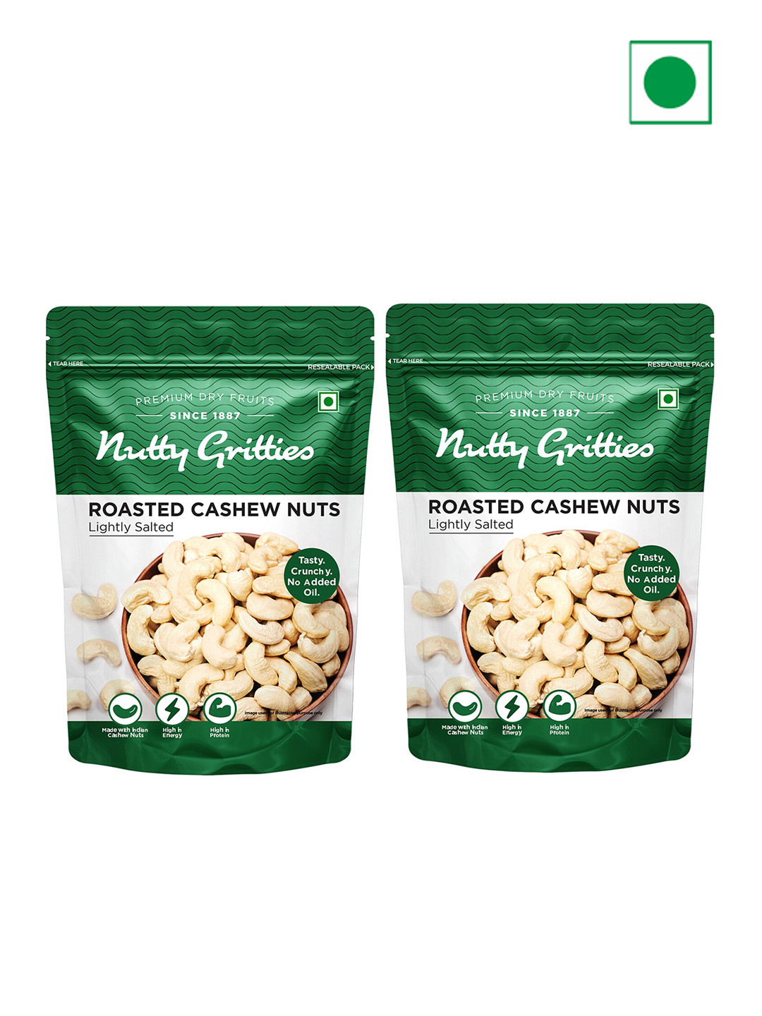 Nutty Gritties Roasted Cashews, Lightly Salted and Dry Roasted Healthy Snack - 200g each