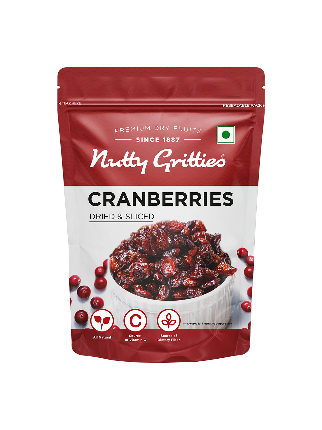 Nutty Gritties Dried & Sliced Whole Healthy Cranberries- 200 Gms