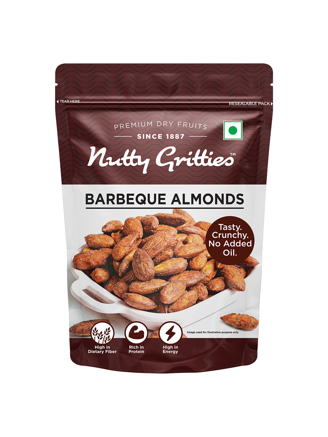 Nutty Gritties Dry Roasted Non Fried and Zero Oil Barbeque Almonds - 200 Gms