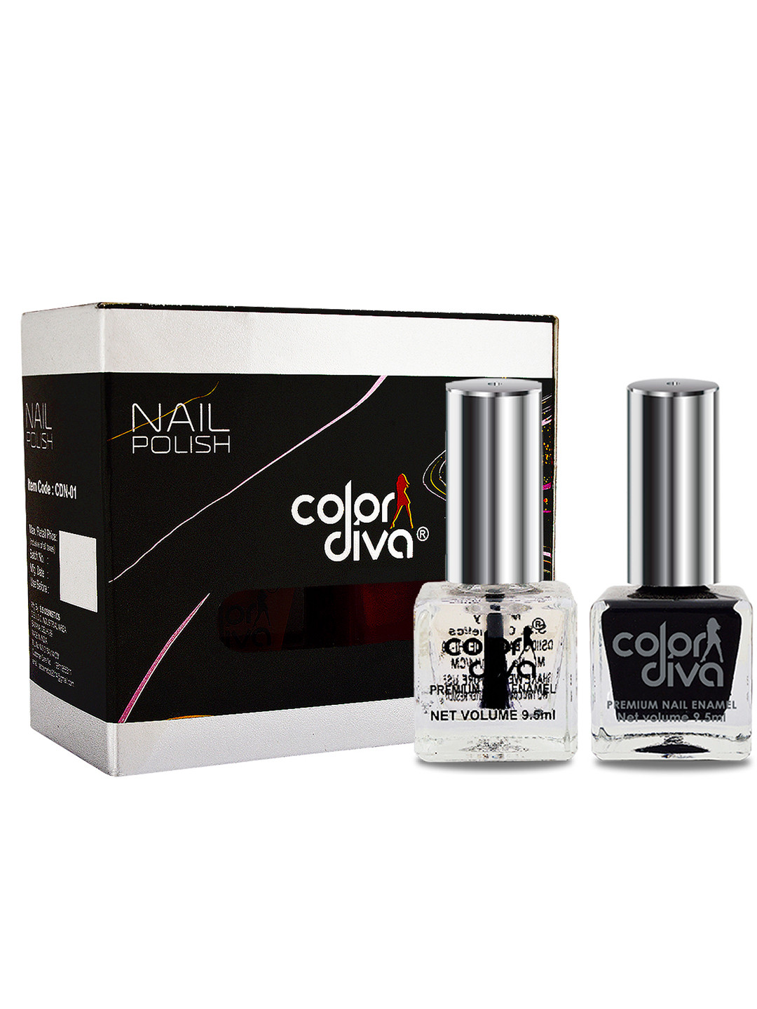 Adbeni Set of 2 Color Diva High Shine Nail Polish 9.5ml Each - Black & Top Coat