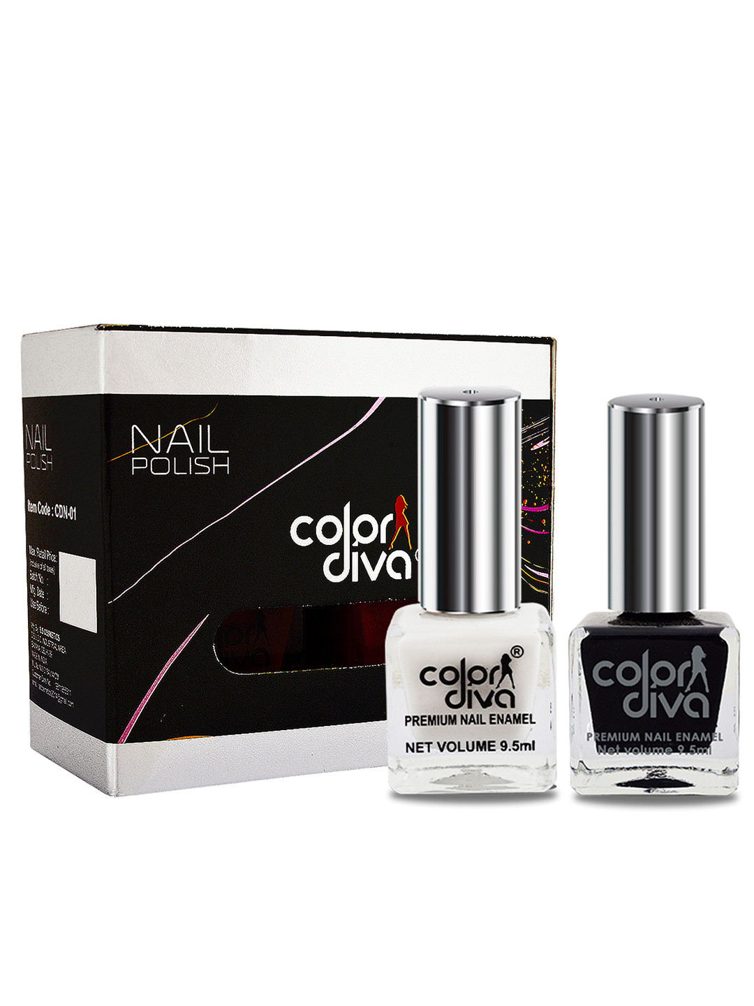 Adbeni Set of 2 Color Diva High Shine Nail Polish 9.5ml Each - Black-White