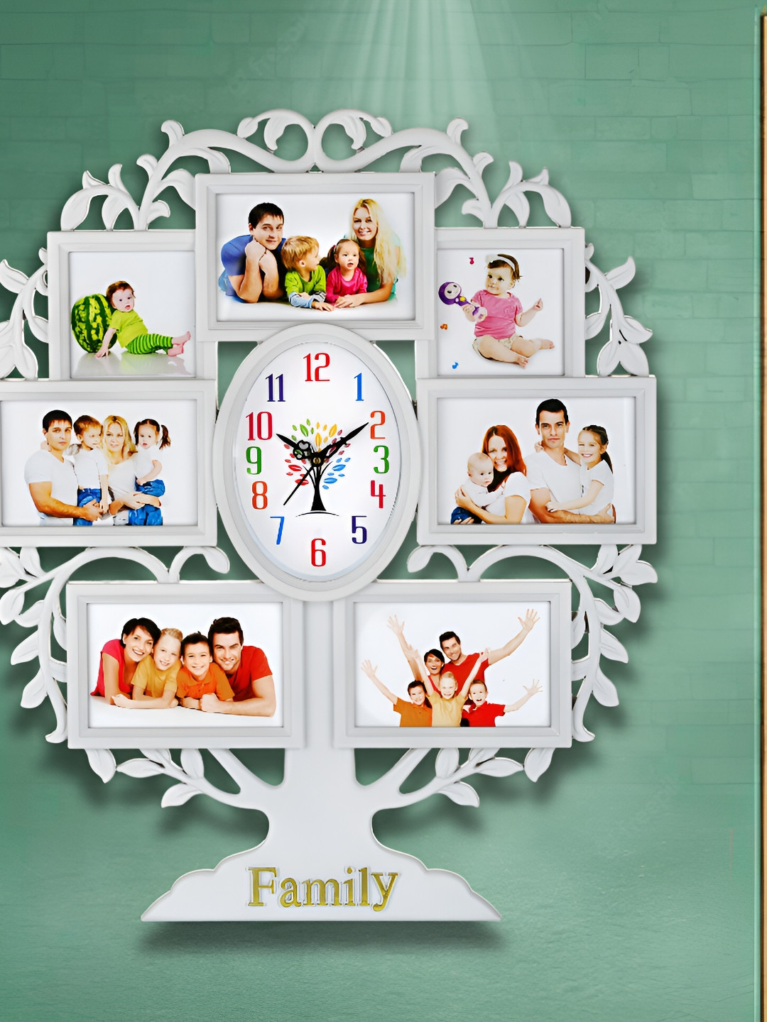 Attractionz White Oval Shaped Textured Tree Photo Frame Contemporary Wall Clock