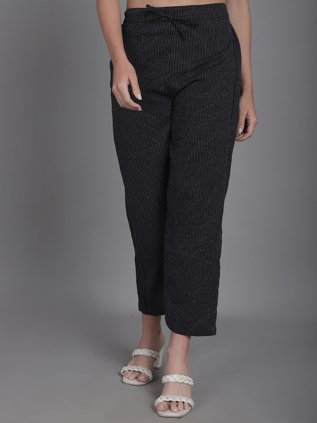 Enchanted Drapes Women Stripes Textured Cotton Slim Fit Trousers