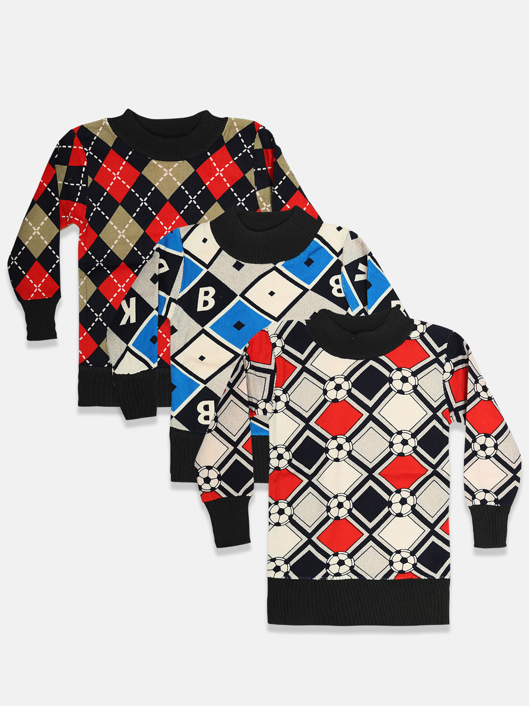 MANZON Kids Pack of 3 Geometric Printed Woollen Pullover Sweatshirt