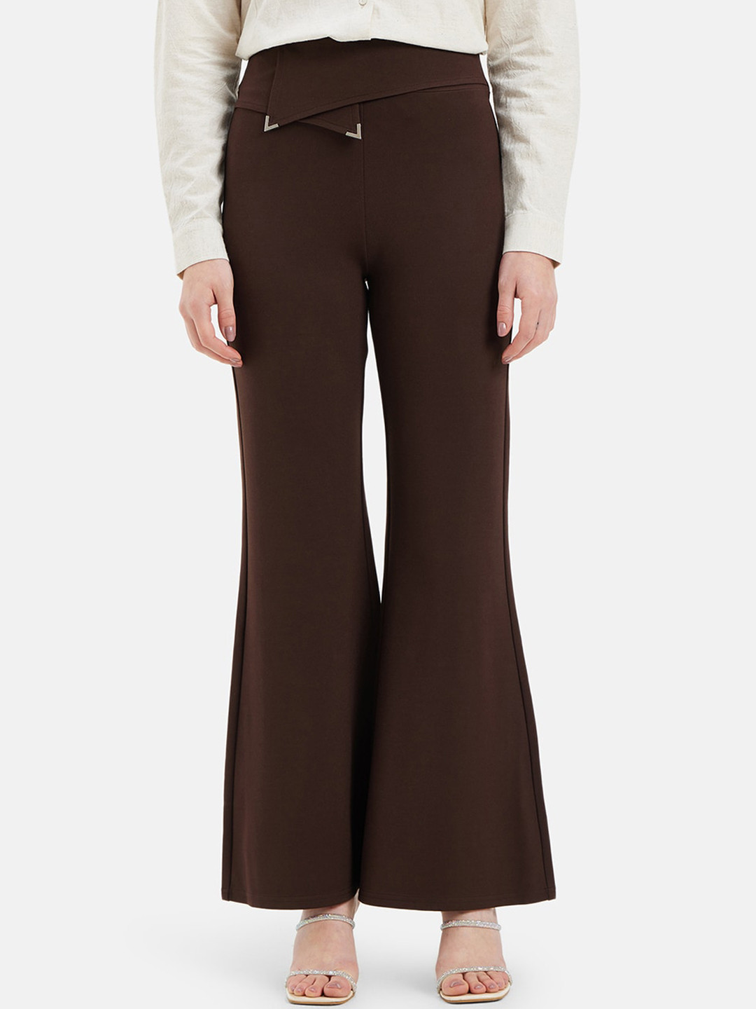 Kazo Women Flared High-Rise Easy Wash Bootcut Trousers With Overlap Waistband