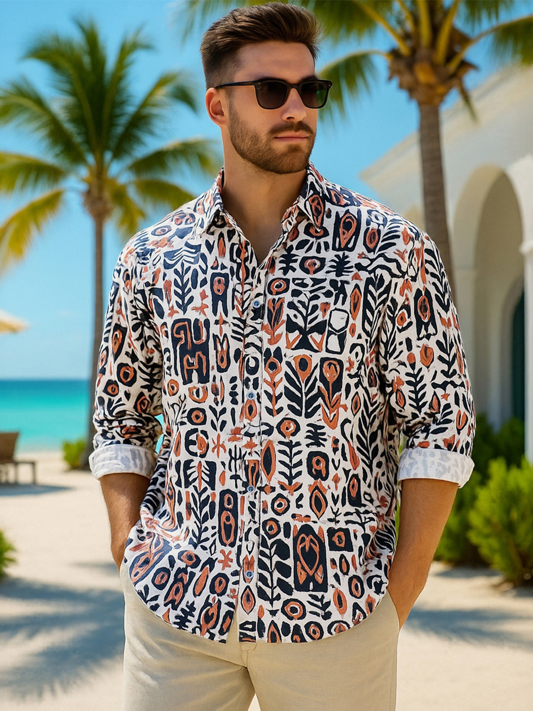 Bewakoof Blue Oversized Abstract Printed Spread Collar Cotton Casual Shirt