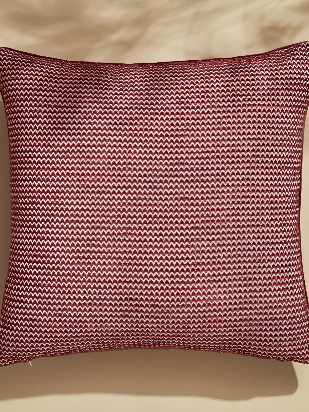 Home Centre Maroon Geometric Jacquard Anti-Wrinkle Textured Square Cushion Cover -16x16In