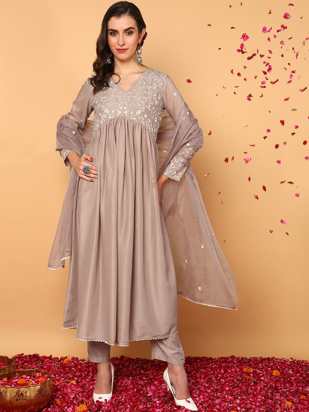 KALINI V Neck Long Sleeves Yoke Design Empire Thread Work Kurta with Trousers & Dupatta