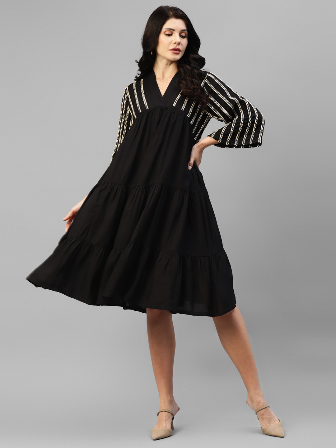 Vibes by Vibes by Deebaco   Floral Embroidered Flared Sleeve A-Line Dress