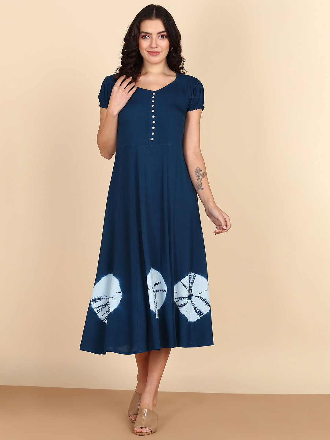 Maaesa Tie and Dyed Puff Sleeve Rayon A-Line Midi Dress