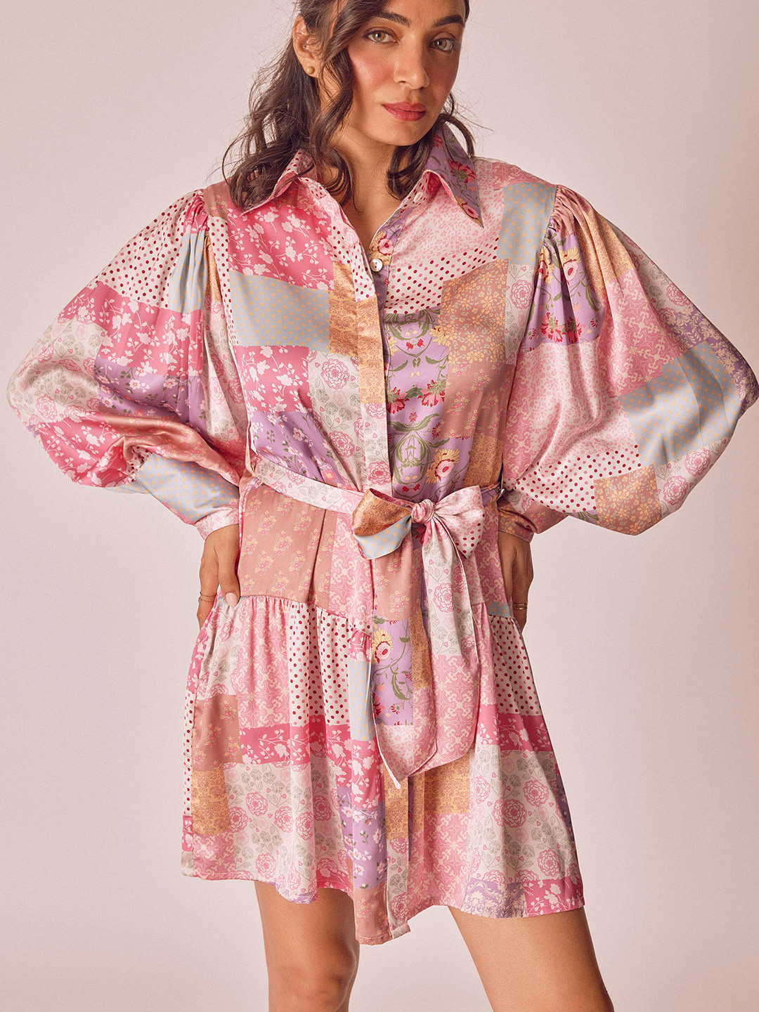 The Label Life Floral Printed Shirt Collar Puffed Sleeves Shirt Style Dress
