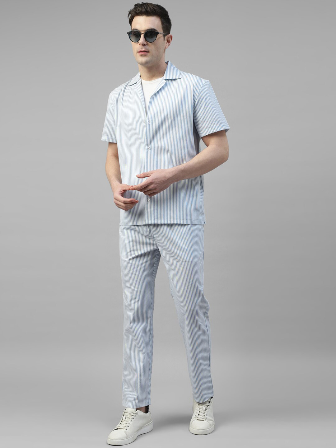 Hancock Striped Cuban Collar Pure Cotton Airport Look Shirt with Trousers
