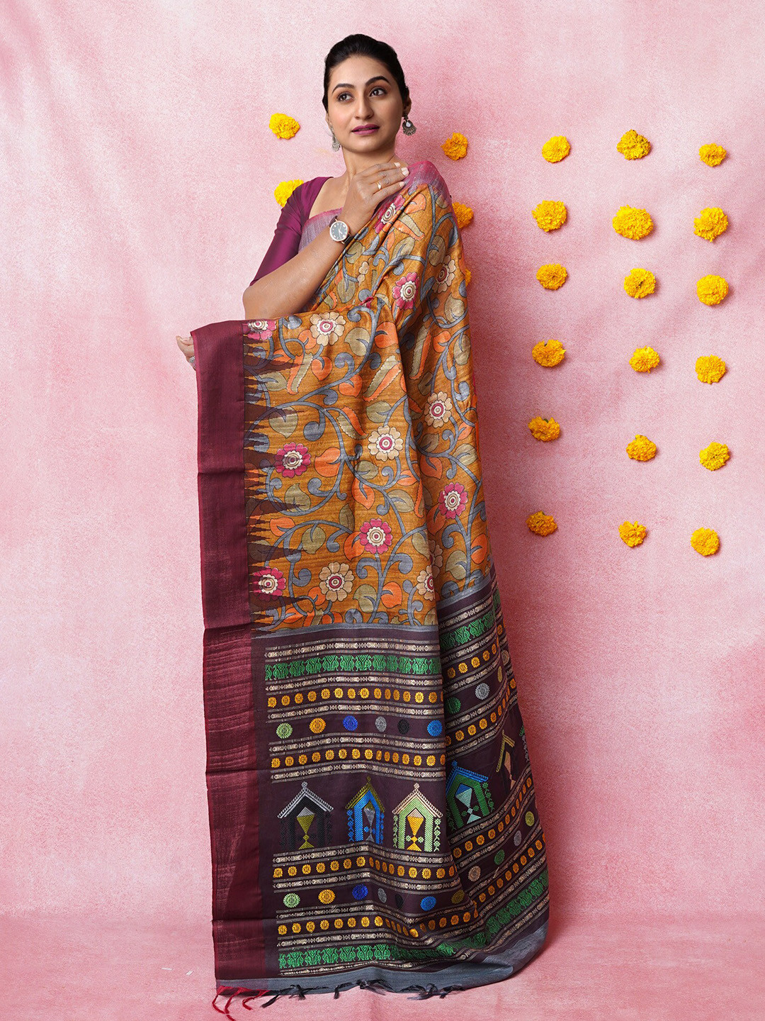 Unnati Silks Kalamkari Printed Handloom Tussar Saree