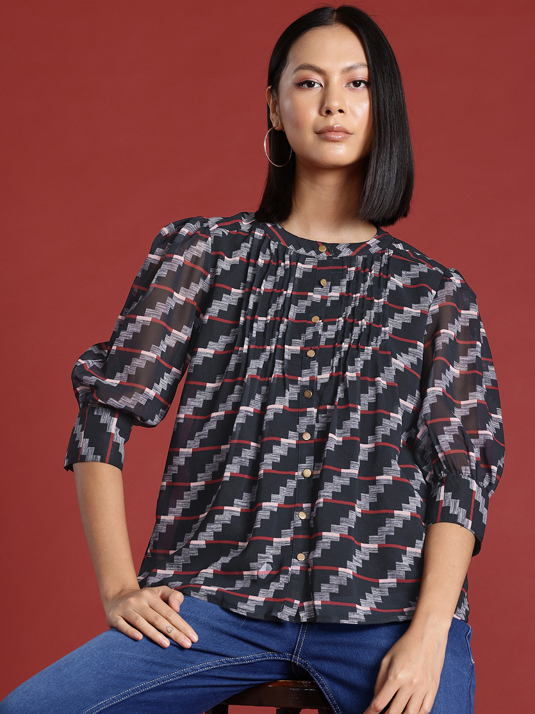 All About You Formals Geometric Print Pintuck Detail Top