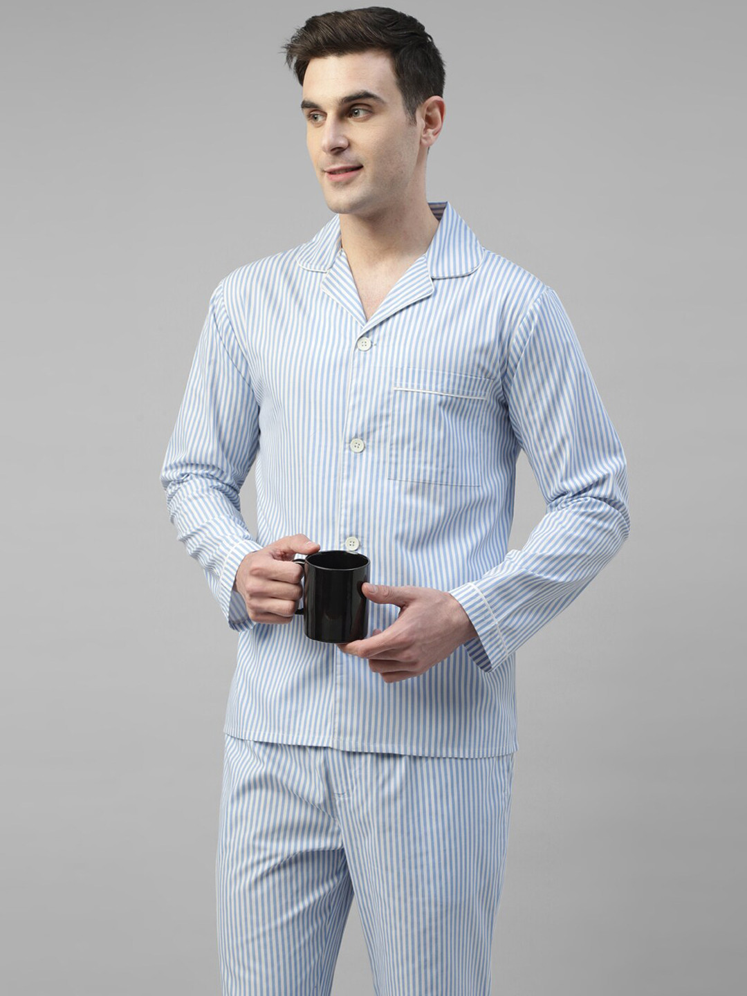 Hancock Striped Lapel Collar Long Sleeves Cotton Relaxed Fit Night suit 28032White-Blue