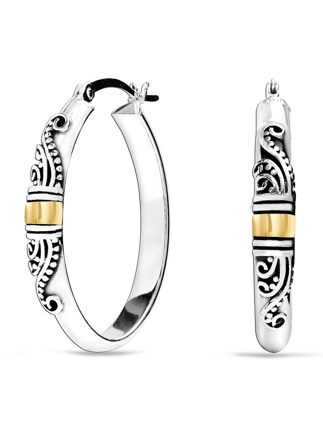 LeCalla Silver Plated 925 Sterling Silver Oxidised Oval shaped Hoop Earrings
