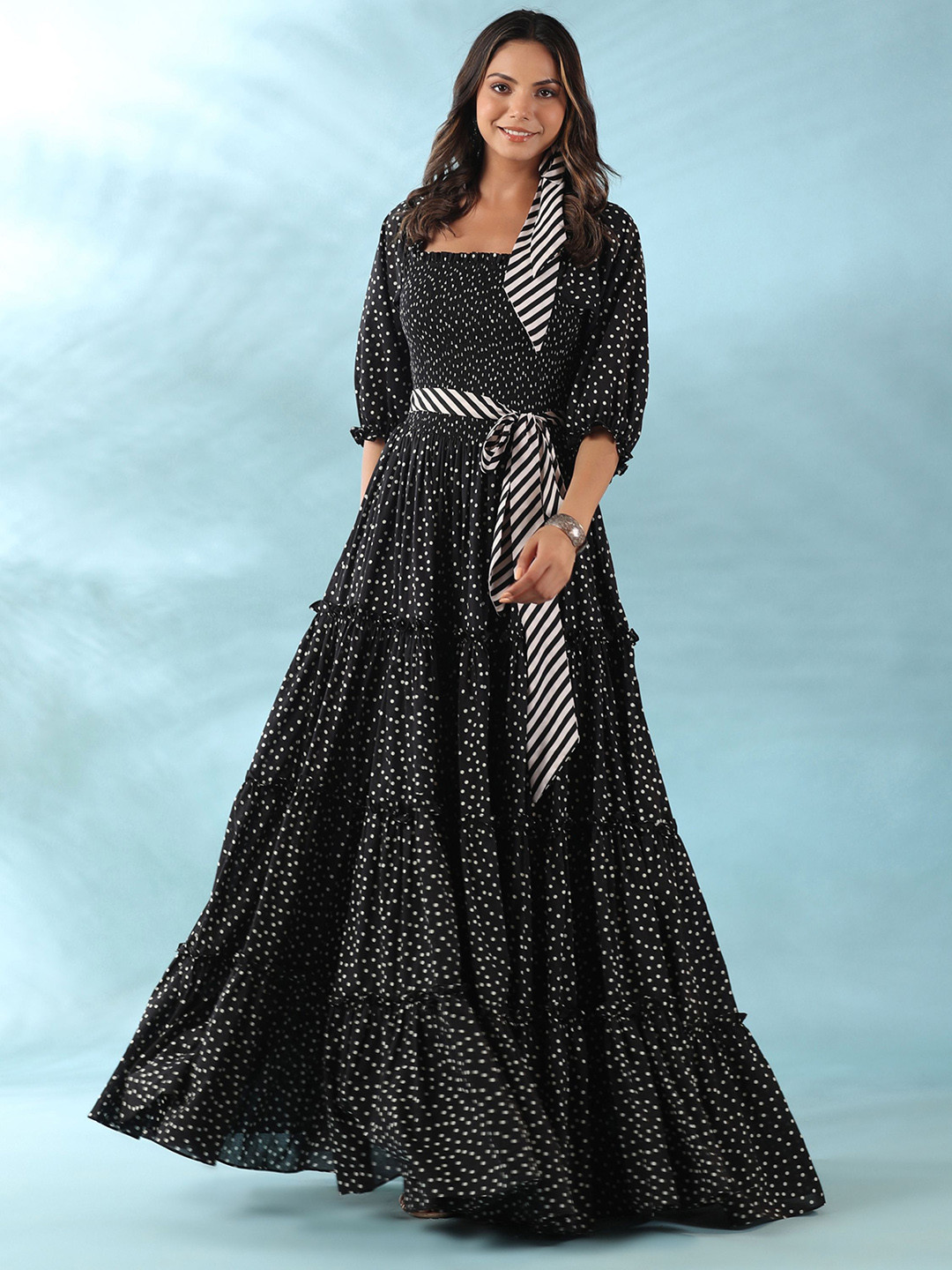 GILLORI Polka Dots Printed Smocked Tiered Maxi Dress With Belt
