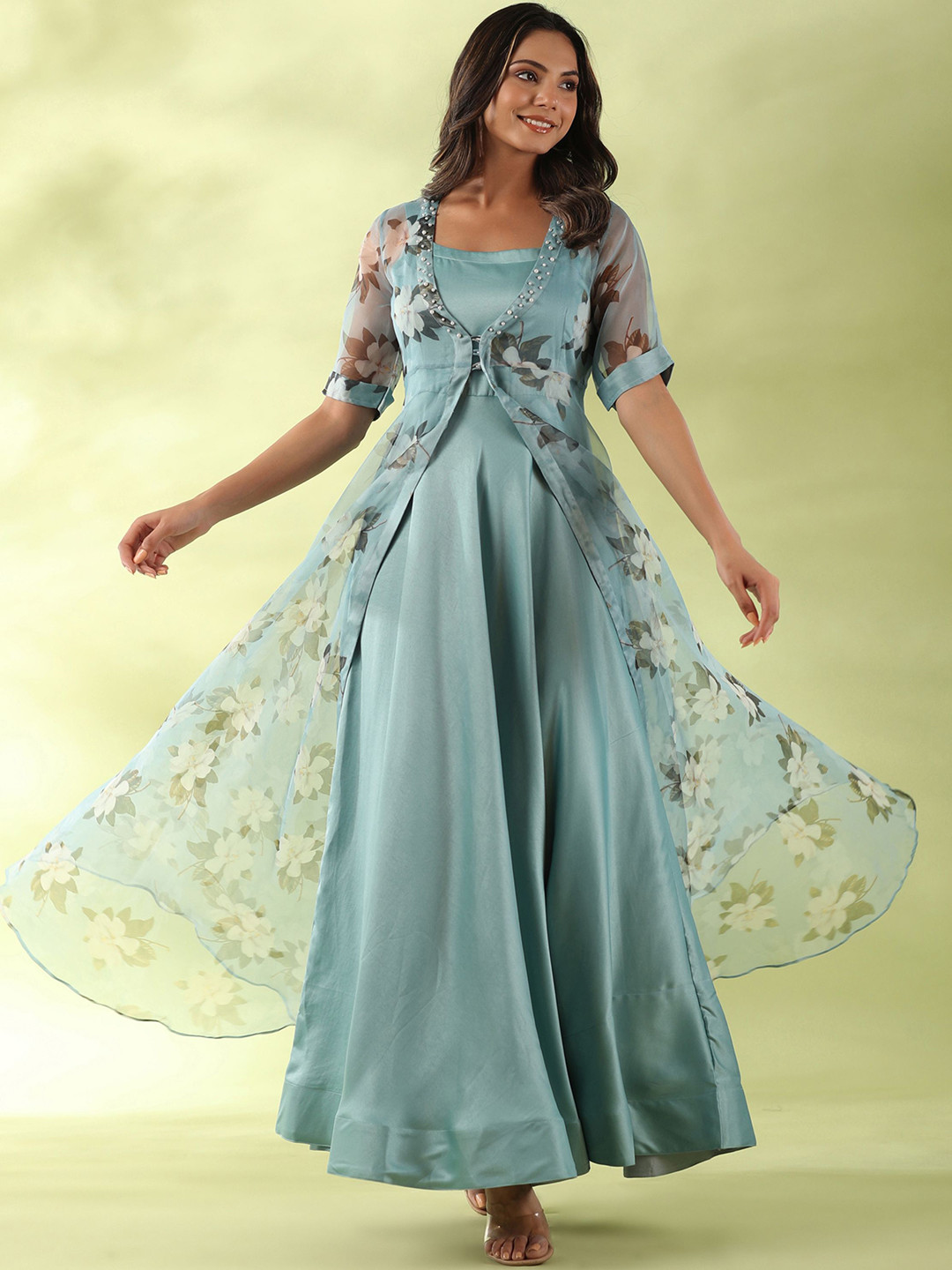 GILLORI Shoulder Straps Silk Cotton A-Line Maxi Dress With Jacket