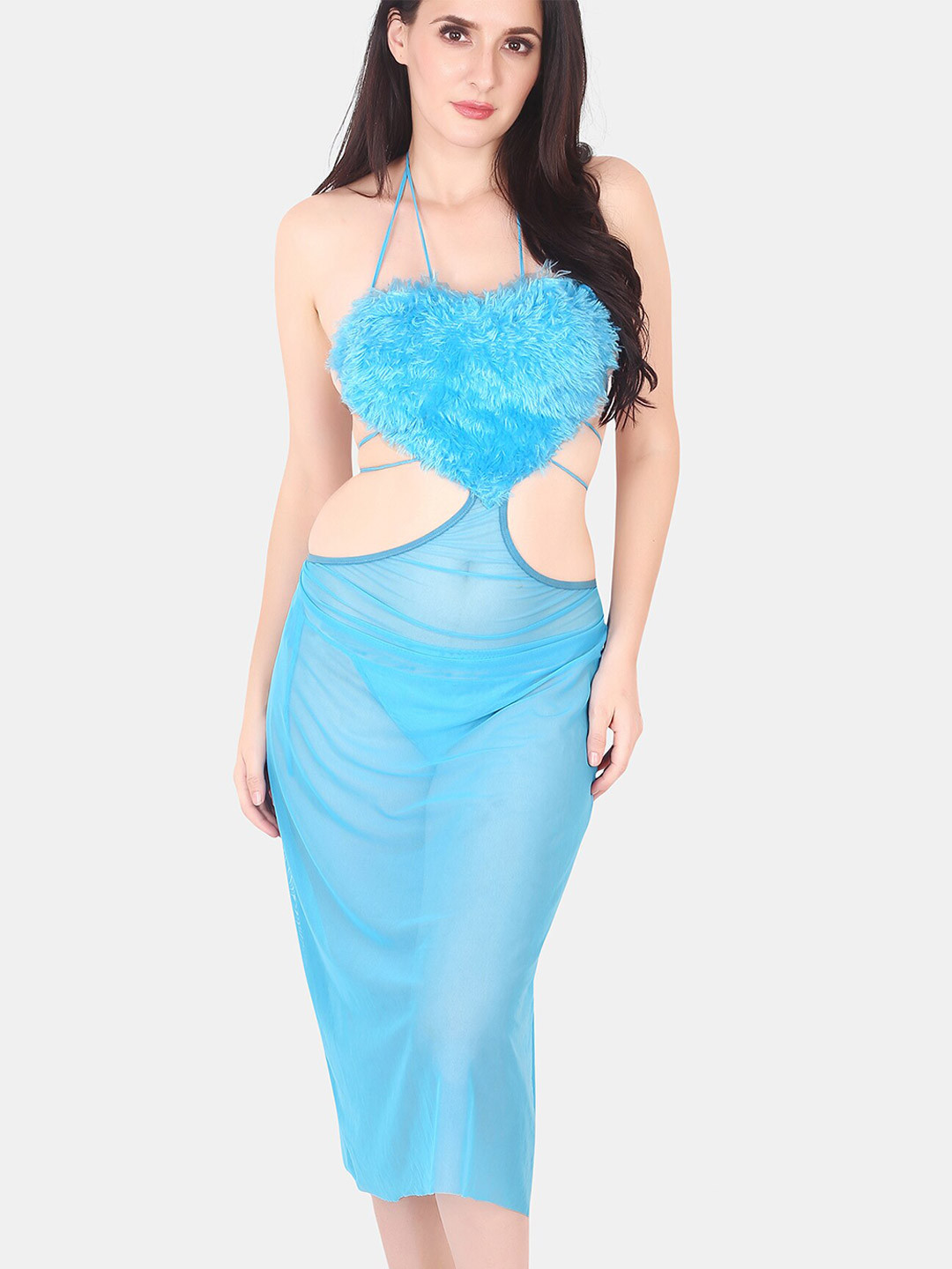 Be You Self Design Fur Detail Halter Neck Baby Doll & Briefs