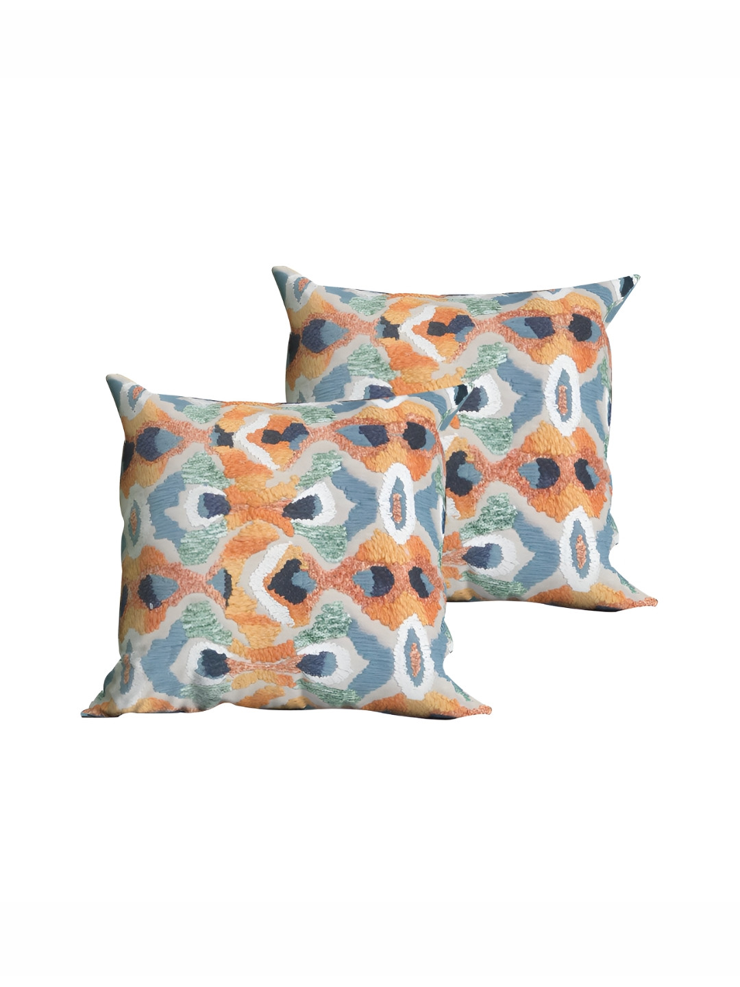 SHADES of LIFE Blue & Orange 2 Pieces Abstract Embroidered Square Cotton Cushion Covers
