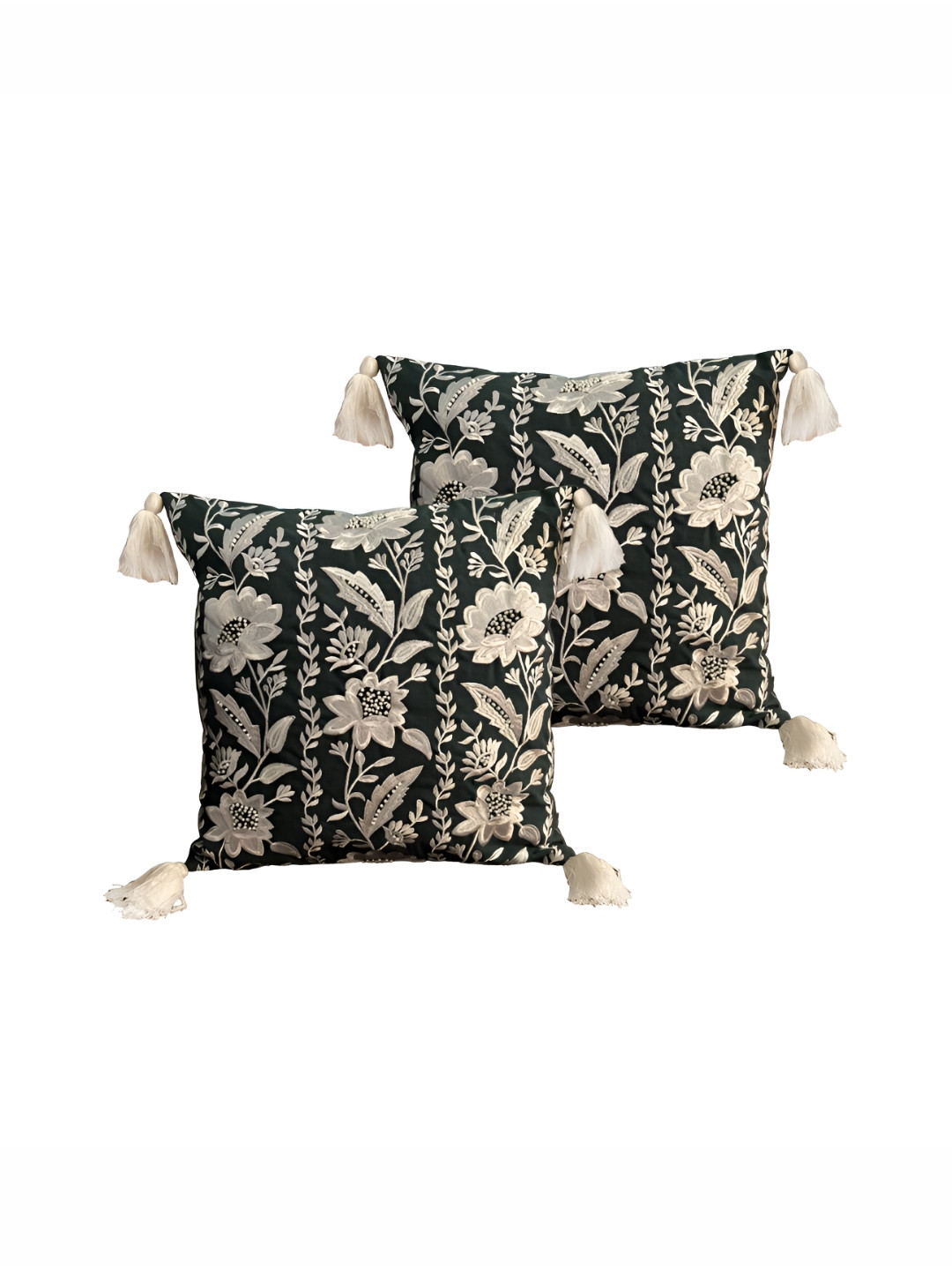 SHADES of LIFE Embroidered Silver Floral Cotton Lightweight 2 Pcs Cushion Covers -16x16In
