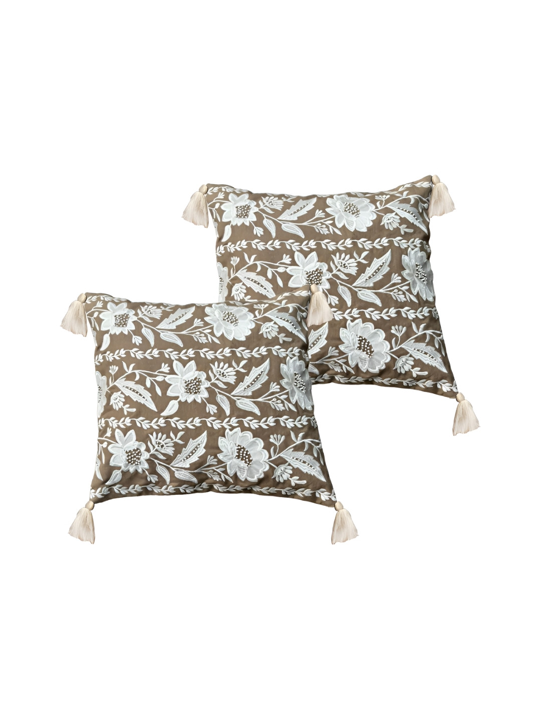 SHADES of LIFE Khaki Floral Cotton 2 Piece Embroidered Square Cushion Covers -16x16In